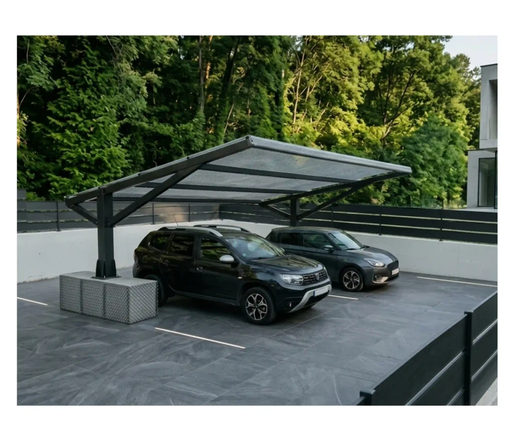 Carport a L con illuminazione integrata per parcheggio aziendale