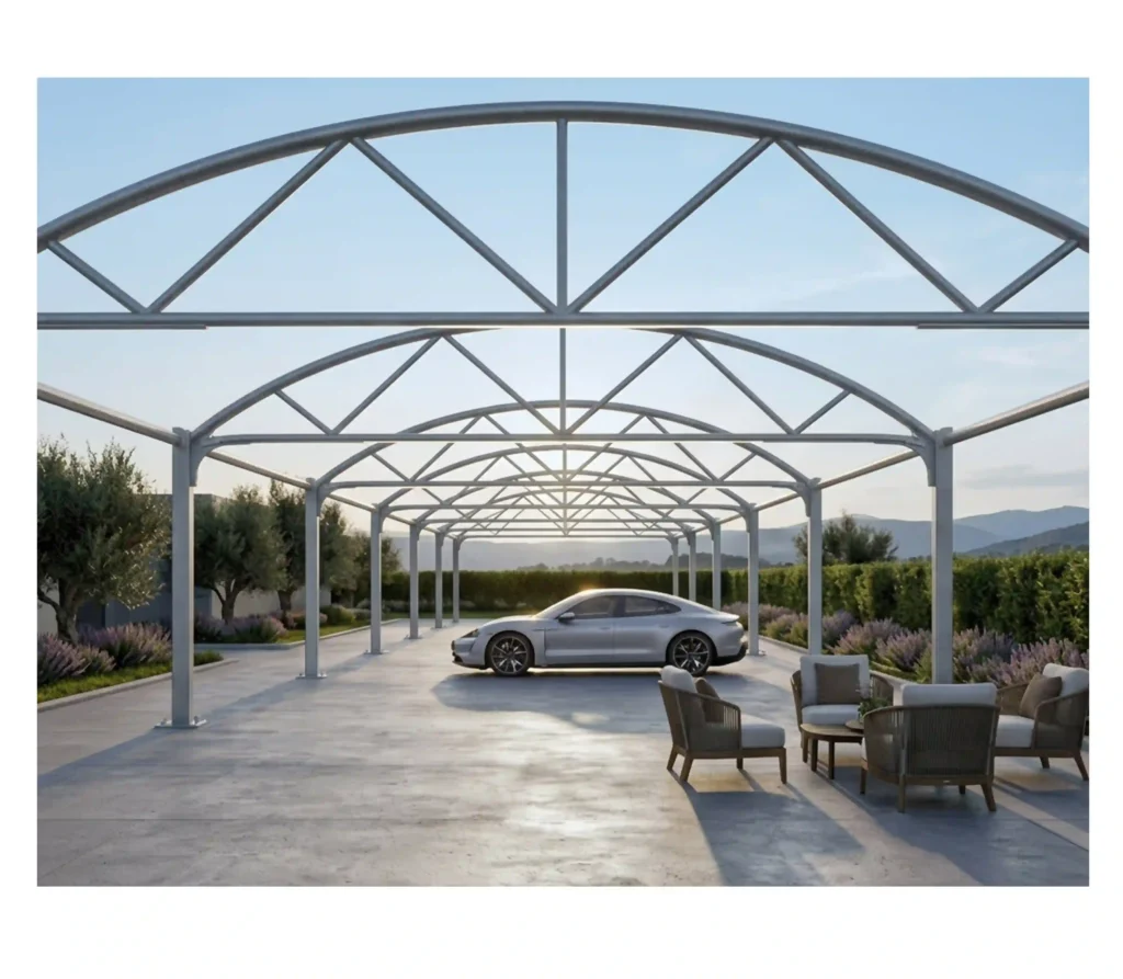 Tettoia carport Total System vista frontale con SUV aziendale
