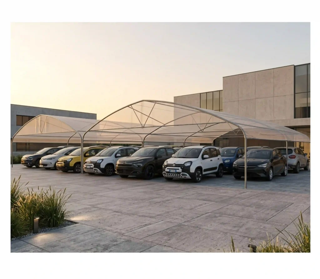 Tettoia parcheggio aziendale Economy Line vista laterale piazzale