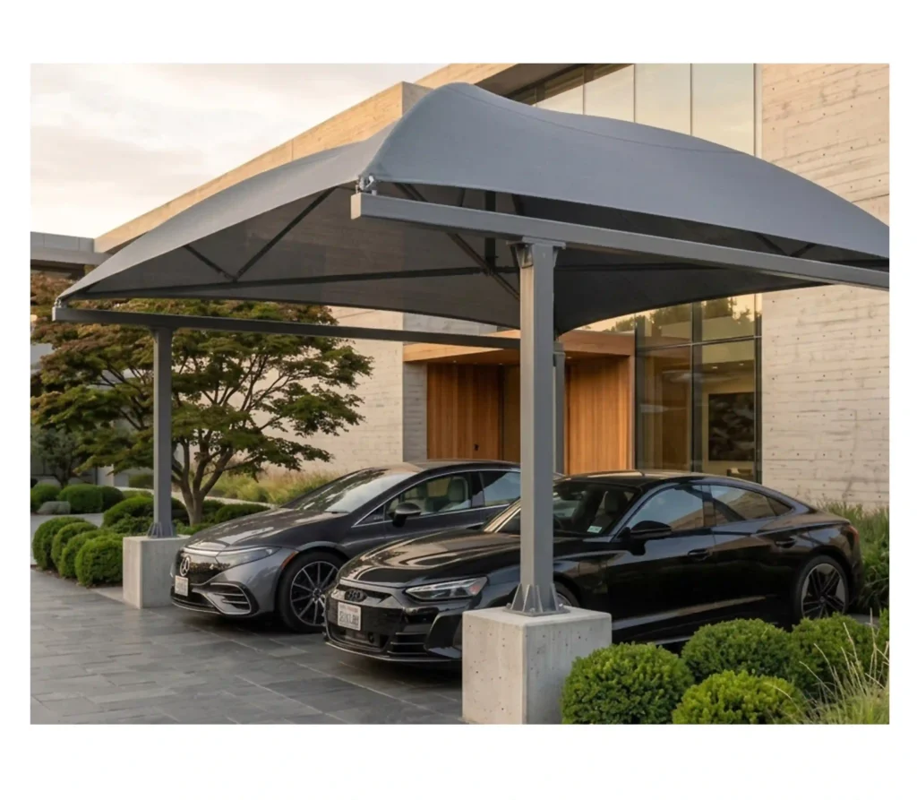 Tettoia carport Total System vista frontale con SUV aziendale